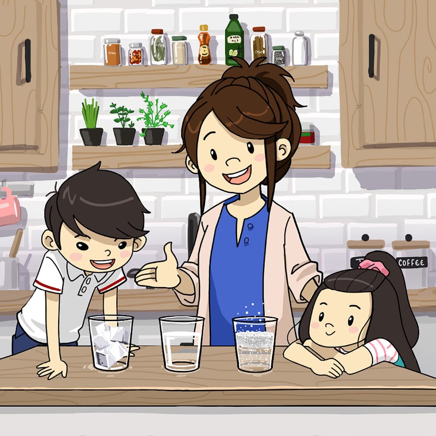 Illustration of a family in the backyard testing whether different objects sink or float in a fish tank.
