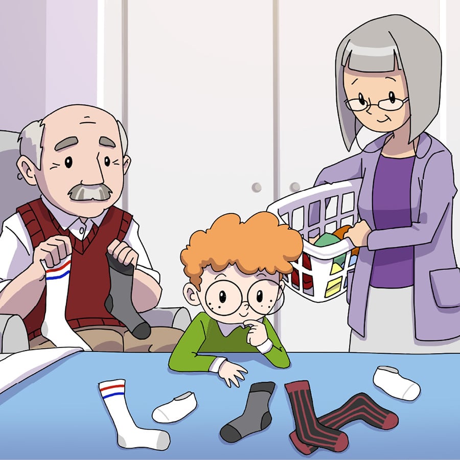 Illustration of a couple helping their grandchild with a sock sorting activity.
