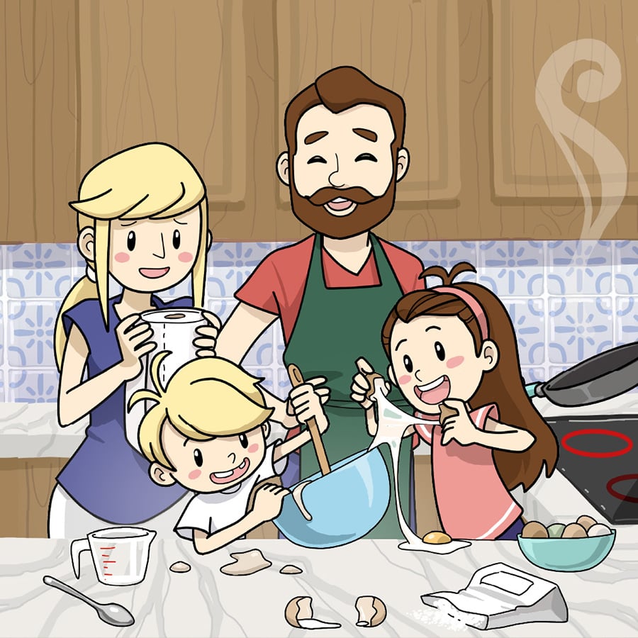 An illustration of parents standing in the background while their son and daughter make a mess in the kitchen with a mixing bowl.