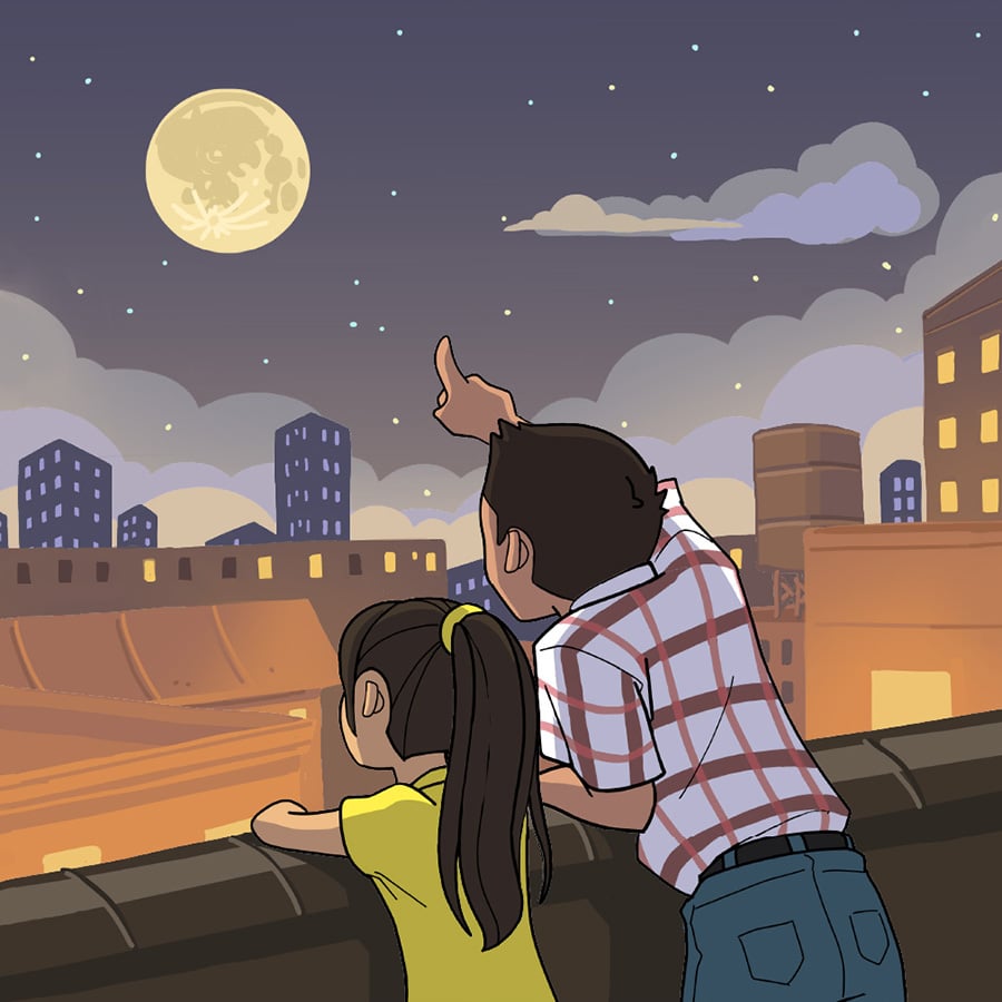 Illustration of a young girl pointing at the moon while her father stands next to her.