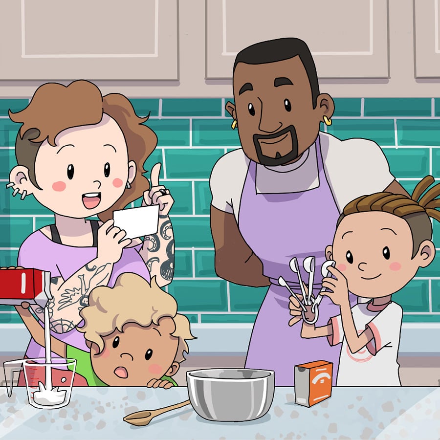 Illustration of a couple standing in the background as their kids make whipped cream in mason jars.