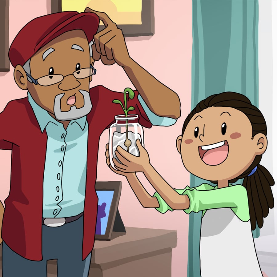 Illustration of a kid proudly showing his grandfather the shoots of a seed that he planted.