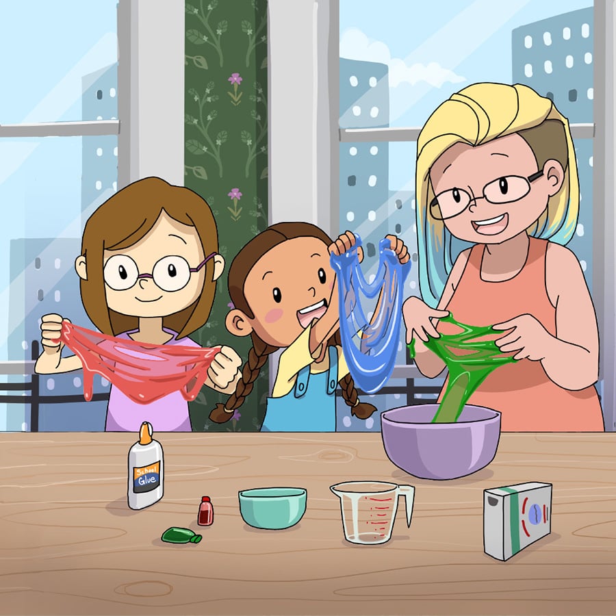 Illustration of a mom in the kitchen with her son and daughter making squishy slime.
