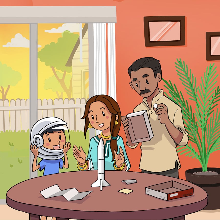 Illustration of a dad with his son and daughter in their living room constructing foam rockets.