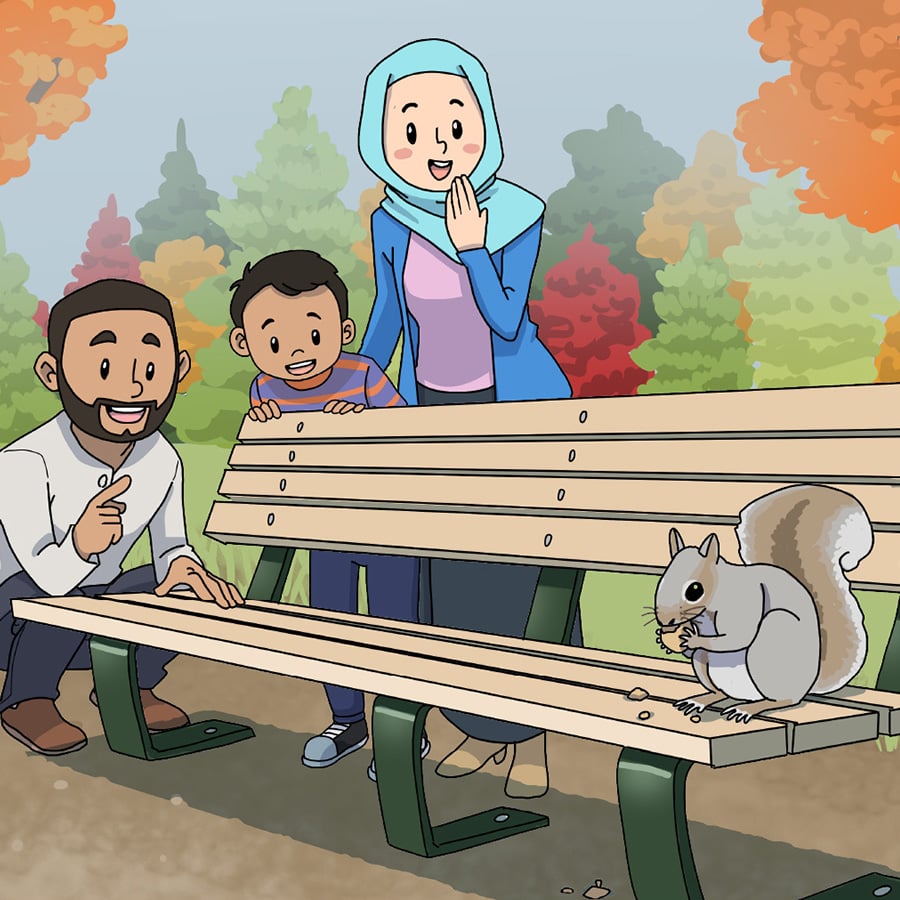 Illustration of a family together watching the behavior of a squirrel in the backyard.