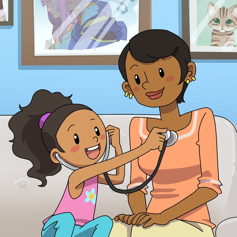 Illustration of a kid testing a stethoscope oh his father's arm.