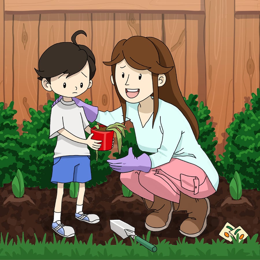 An illustration of a mom and her kid observing a two plants, one thriving, the other dying.