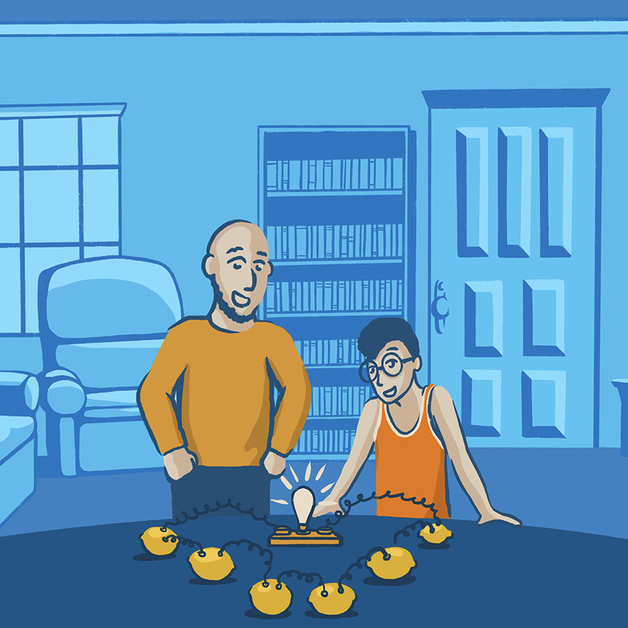 Illustration of a dad observing his kid completing a lemon battery power experiment with a lit up light bulb.