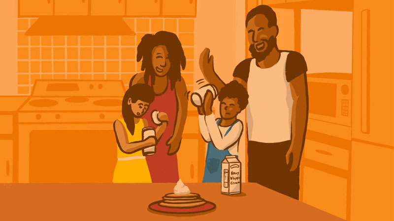 Illustration of a couple standing in the background as their kids make whipped cream in mason jars.