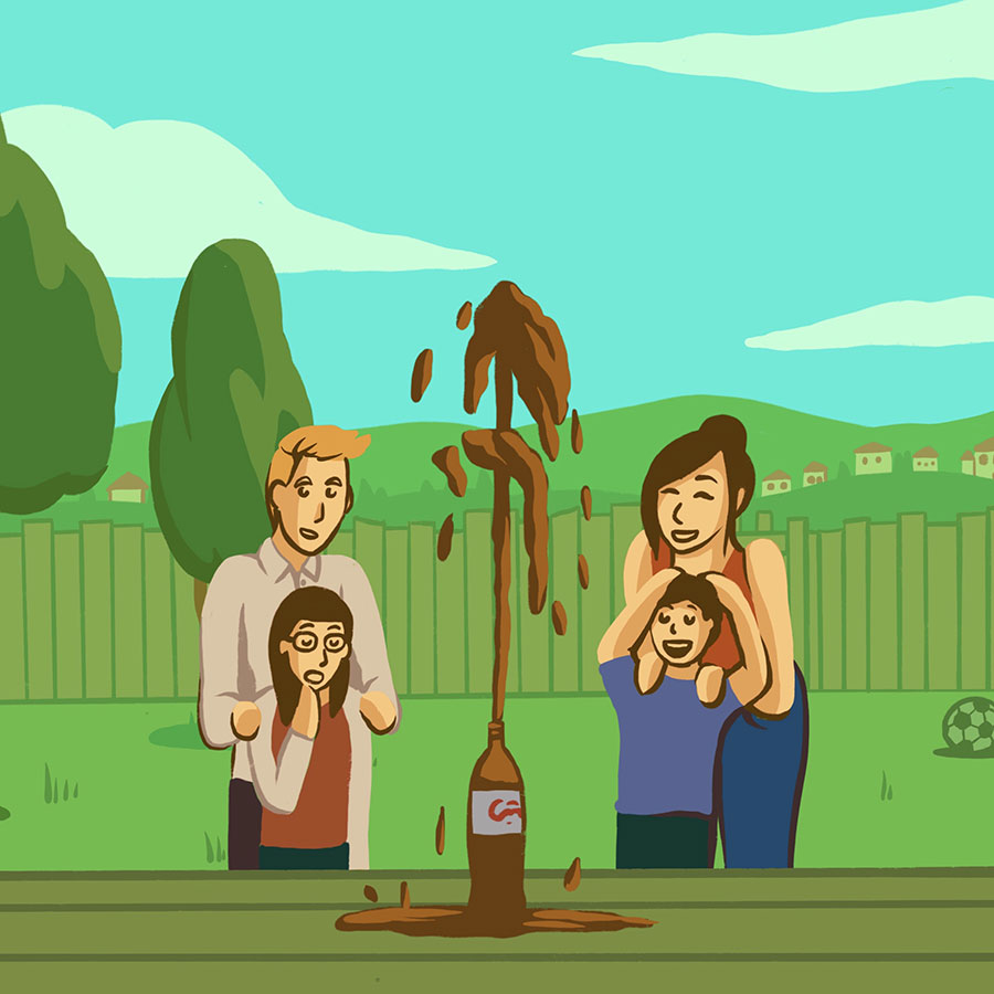 Illustration of a family in their backyard celebrating over their soda geyser experiment.