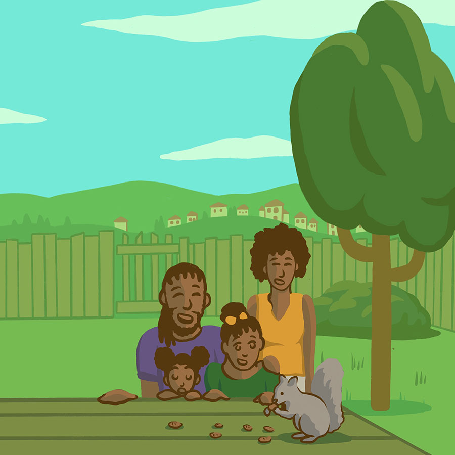 Illustration of a family together watching the behavior of a squirrel in the backyard.