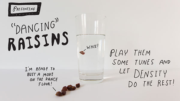 Glass full of water with some raisins next to it and superimposed with the text, ''I'm ready to bust some moves on the dance floor