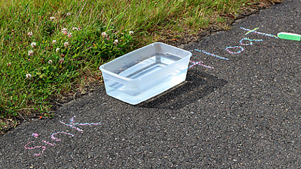 Plastic tray full of water on the pavement with words written to the sides saying sink and float