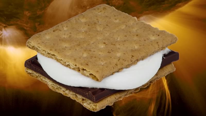 Picture of a s'more - melted marshmallow and chocolate between graham crackers.