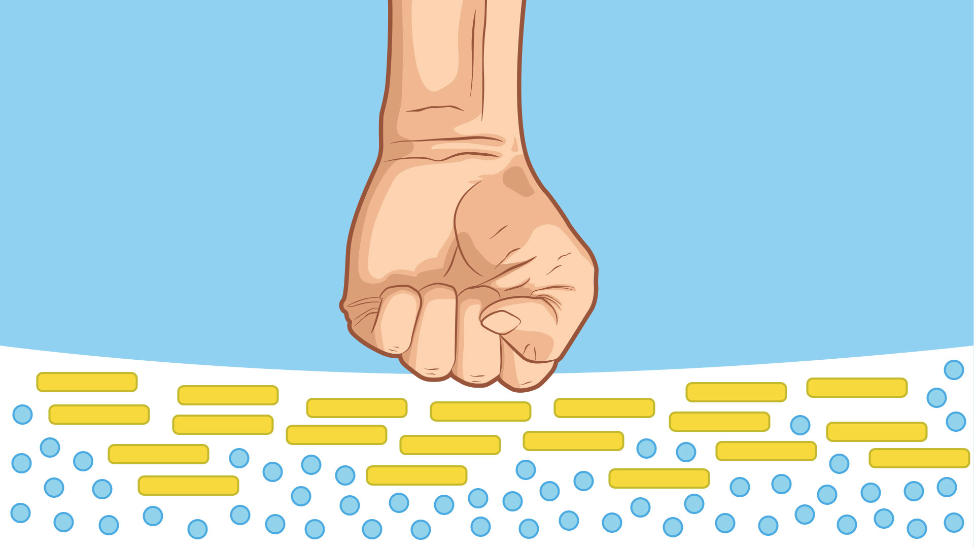 Schematic of a fist punching Oobleck. Long yellow lines are tightly packed together over blue dots to depict how the cornstarch particles get forced together to form a hard surface.